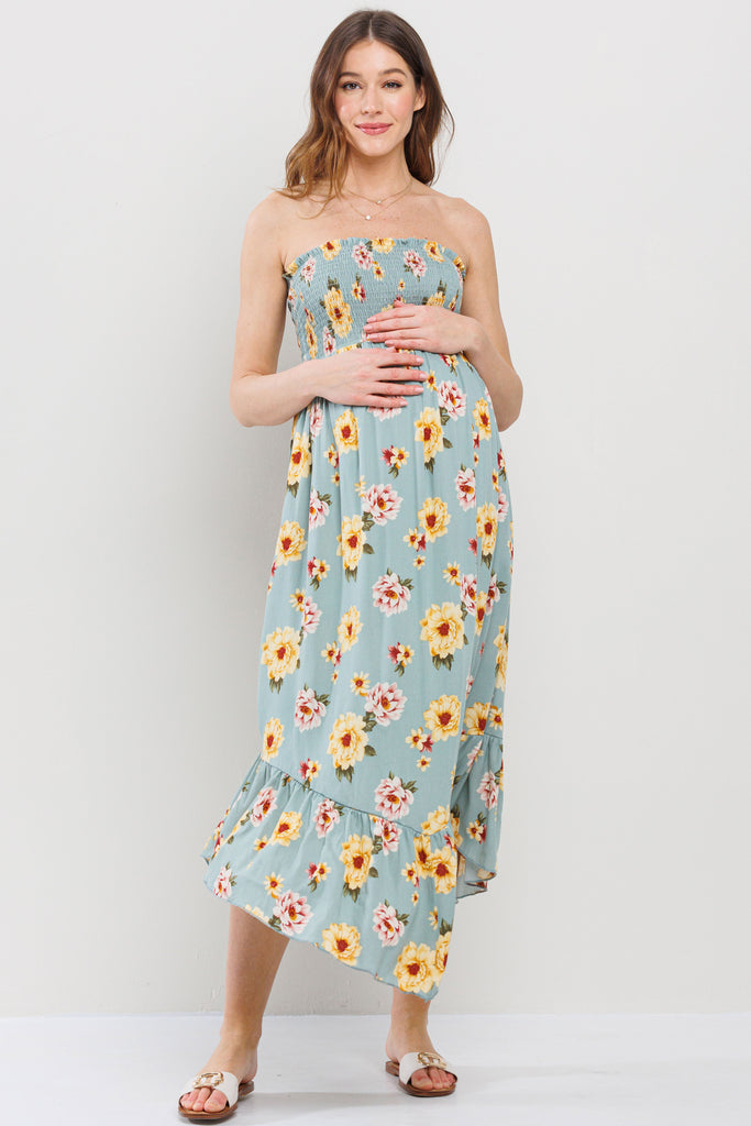 Sage Ditsy Floral Backless Tube Maternity Dress