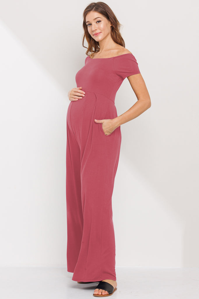 Dark Rose Off Shoulder Wide Leg Maternity Jumpsuit Side