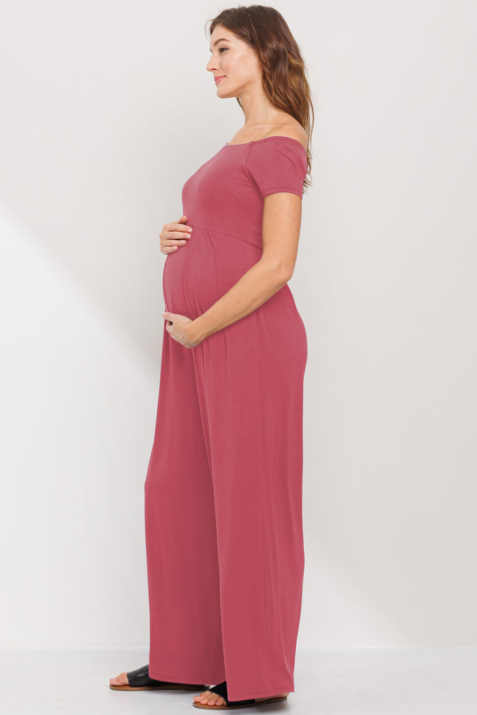 Dark Rose Off Shoulder Wide Leg Maternity Jumpsuit Side