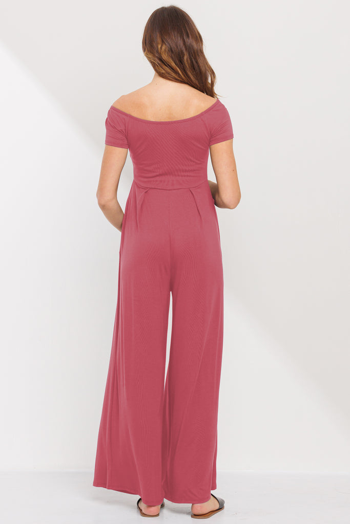 Dark Rose Off Shoulder Wide Leg Maternity Jumpsuit Back