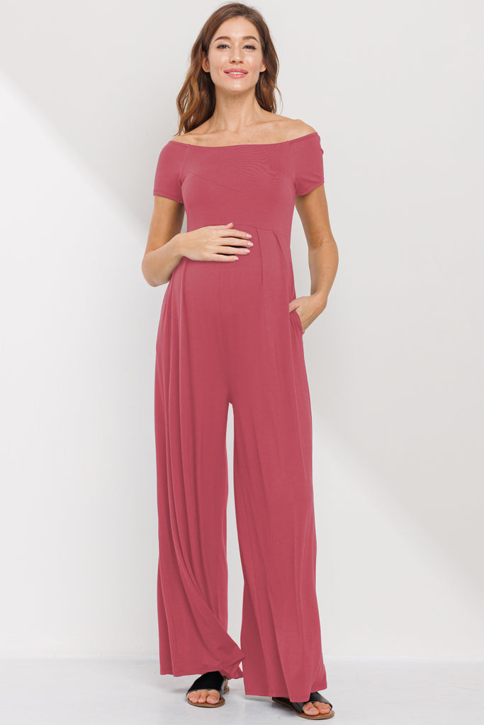 Dark Rose Off Shoulder Wide Leg Maternity Jumpsuit Front