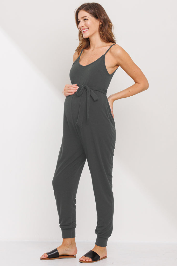 Dark Grey Sleeveless Belted Maternity Jumpsuit Side