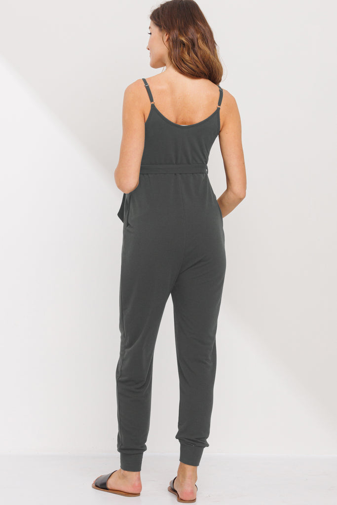 Dark Grey Sleeveless Belted Maternity Jumpsuit Back