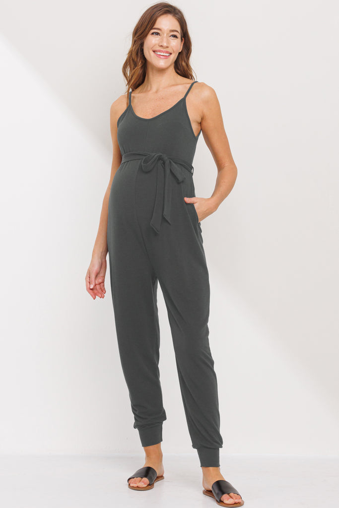 Dark Grey Sleeveless Belted Maternity Jumpsuit Front
