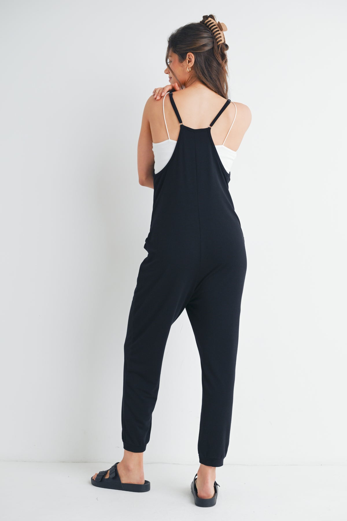 Black One Piece Spaghetti Strap V Neck Sleeveless Maternity Jumpsuit Back View