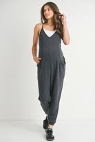 Charcoal One Piece Spaghetti Strap V Neck Sleeveless Maternity Jumpsuit Front View