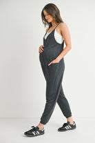 Charcoal One Piece Spaghetti Strap V Neck Sleeveless Maternity Jumpsuit Side View