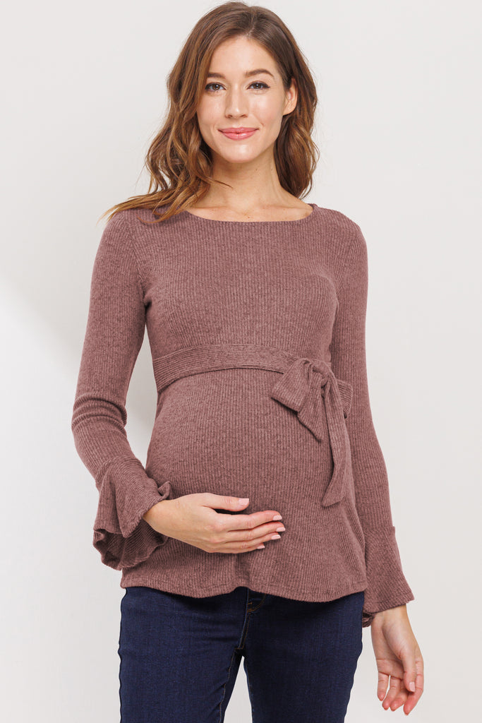 Mauve Faux-Tie Keyhole Maternity Top With Bell Sleeves Front