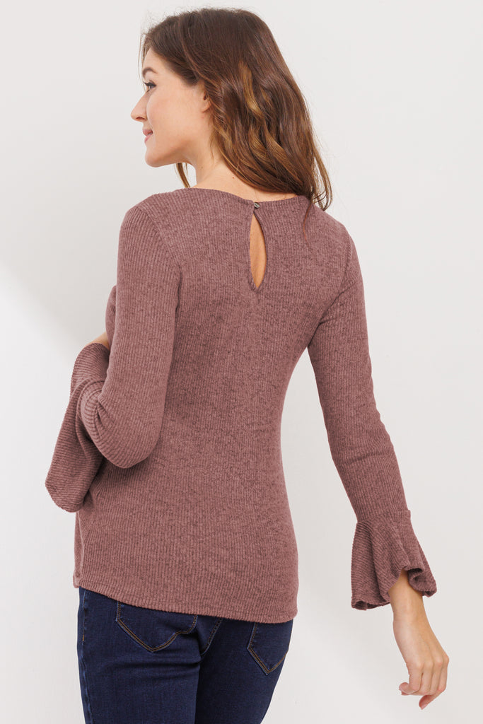 Mauve Faux-Tie Keyhole Maternity Top With Bell Sleeves Back
