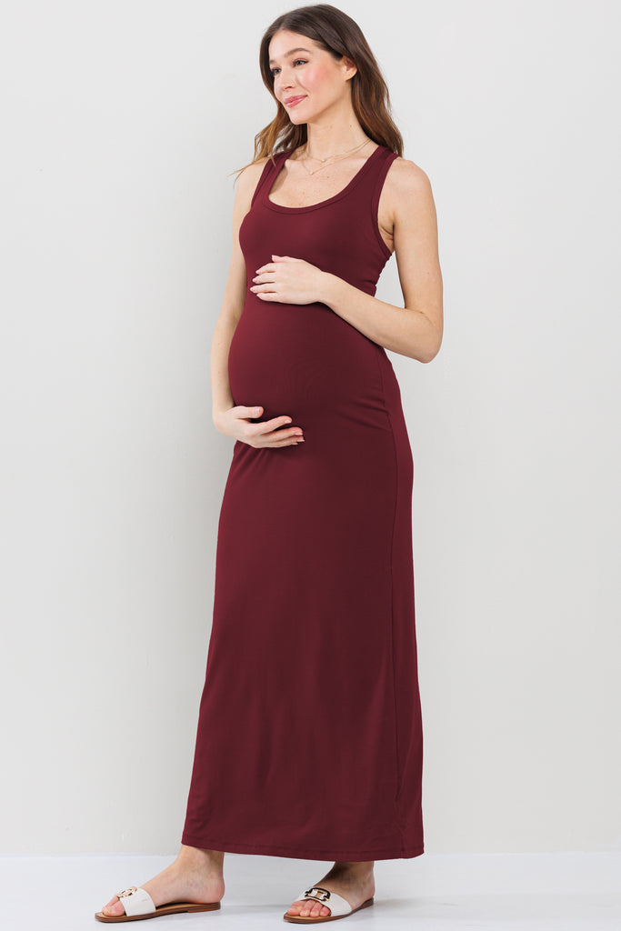 Burgundy Tank Round Neck Maternity Maxi Dress