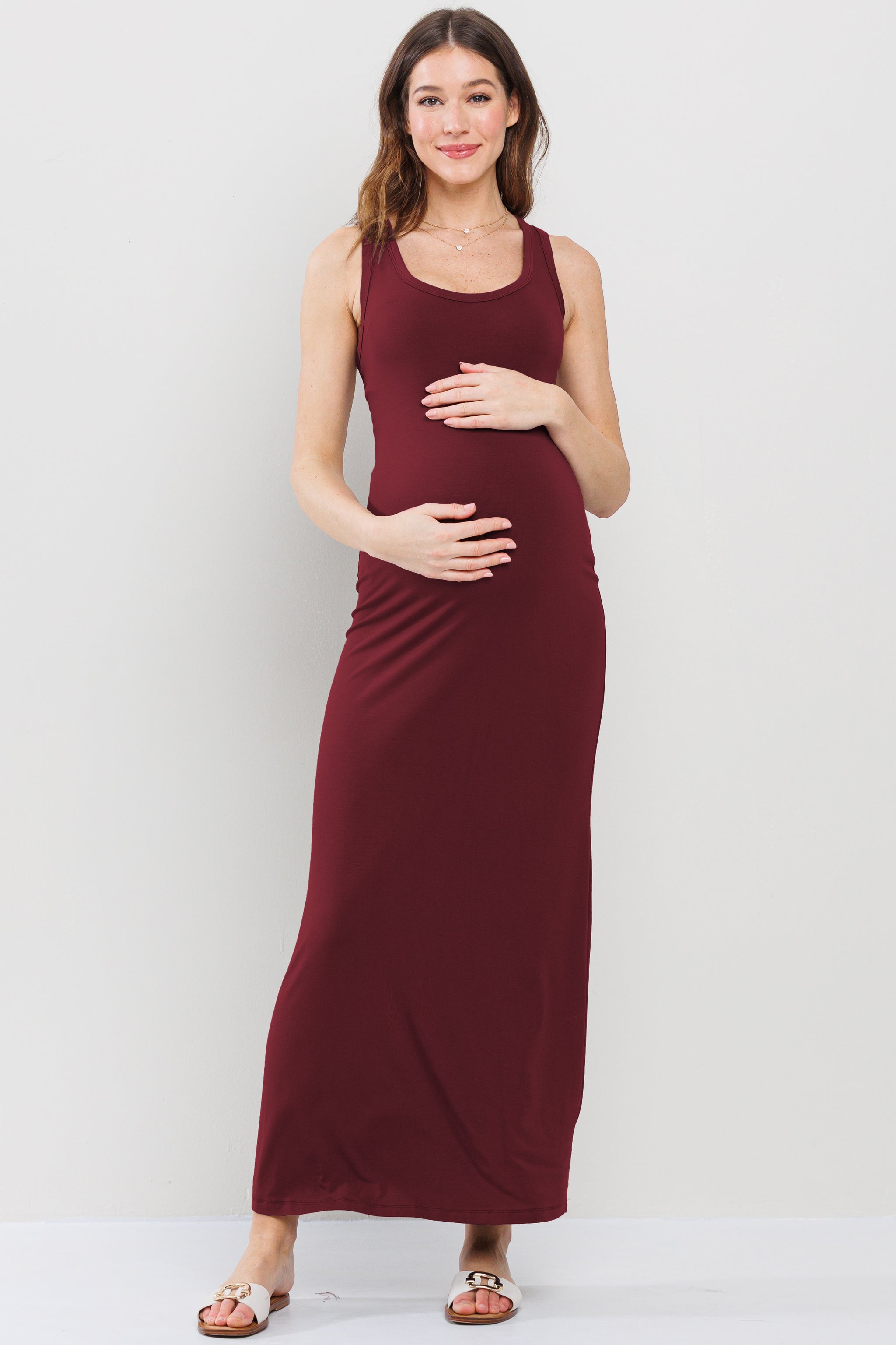 fitted lace wedding dress Tank Round Neck Maternity Maxi Dress Sage / Medium