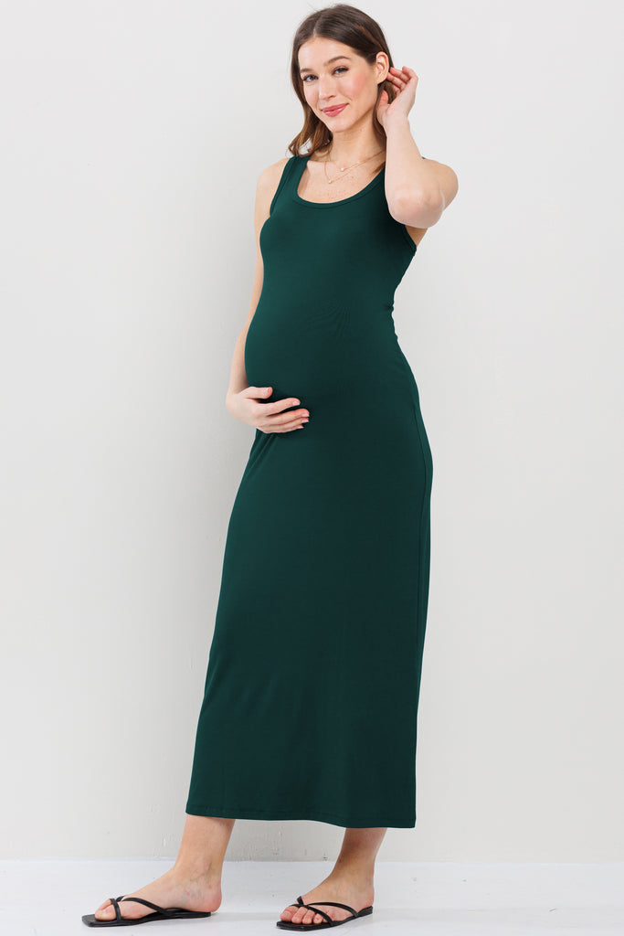 Hunter Green Tank Round Neck Maternity Maxi Dress