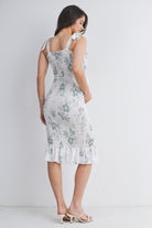 Sage Floral Smocked Maternity Midi Dress with Tie Straps Back View