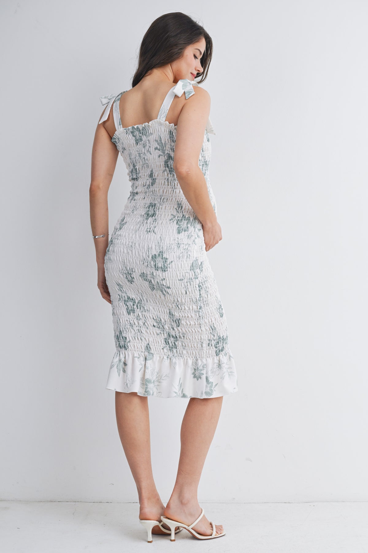 Sage Floral Smocked Maternity Midi Dress with Tie Straps Back View