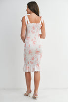 Peach Floral Smocked Maternity Midi Dress with Tie Straps Back View
