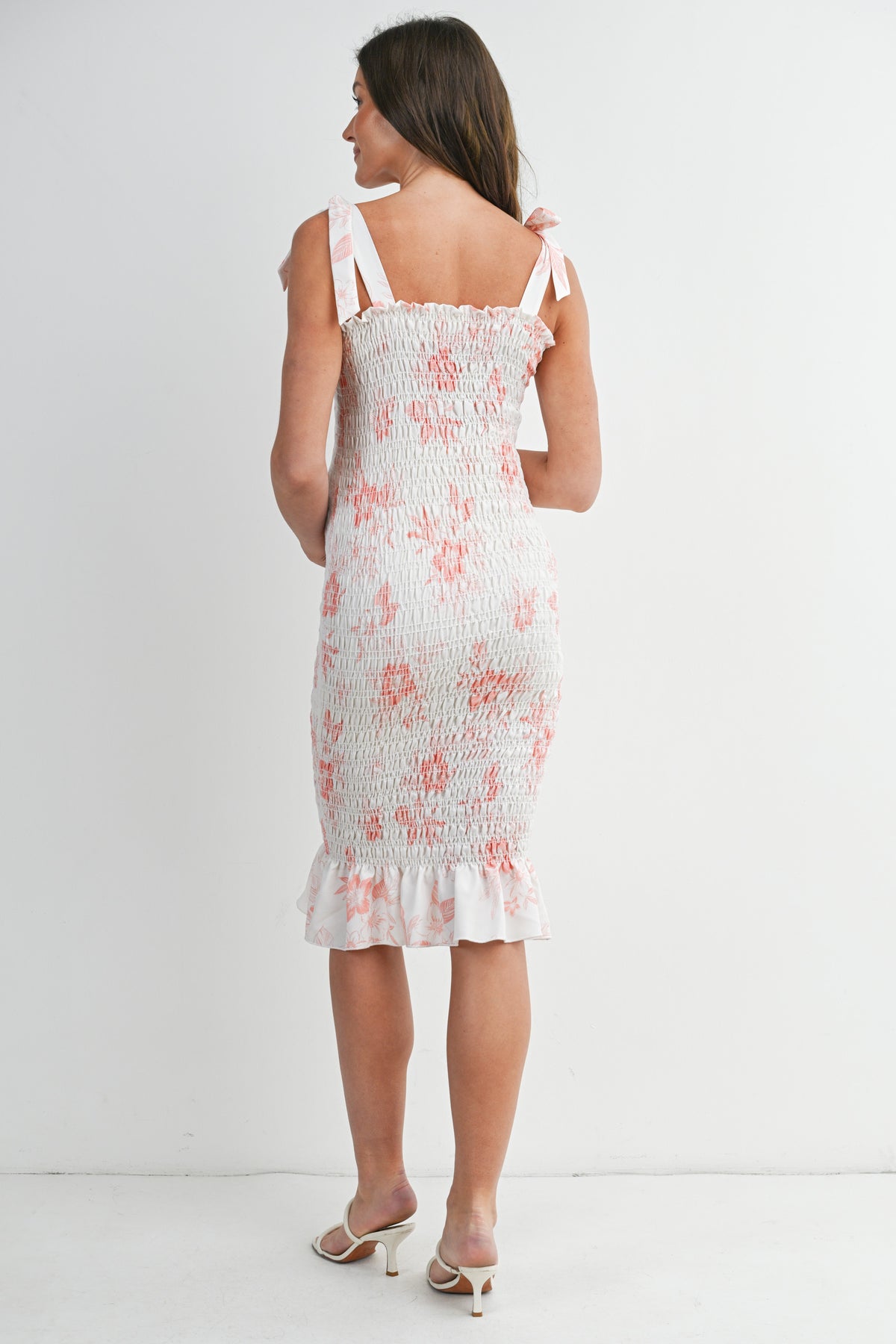 Peach Floral Smocked Maternity Midi Dress with Tie Straps Back View