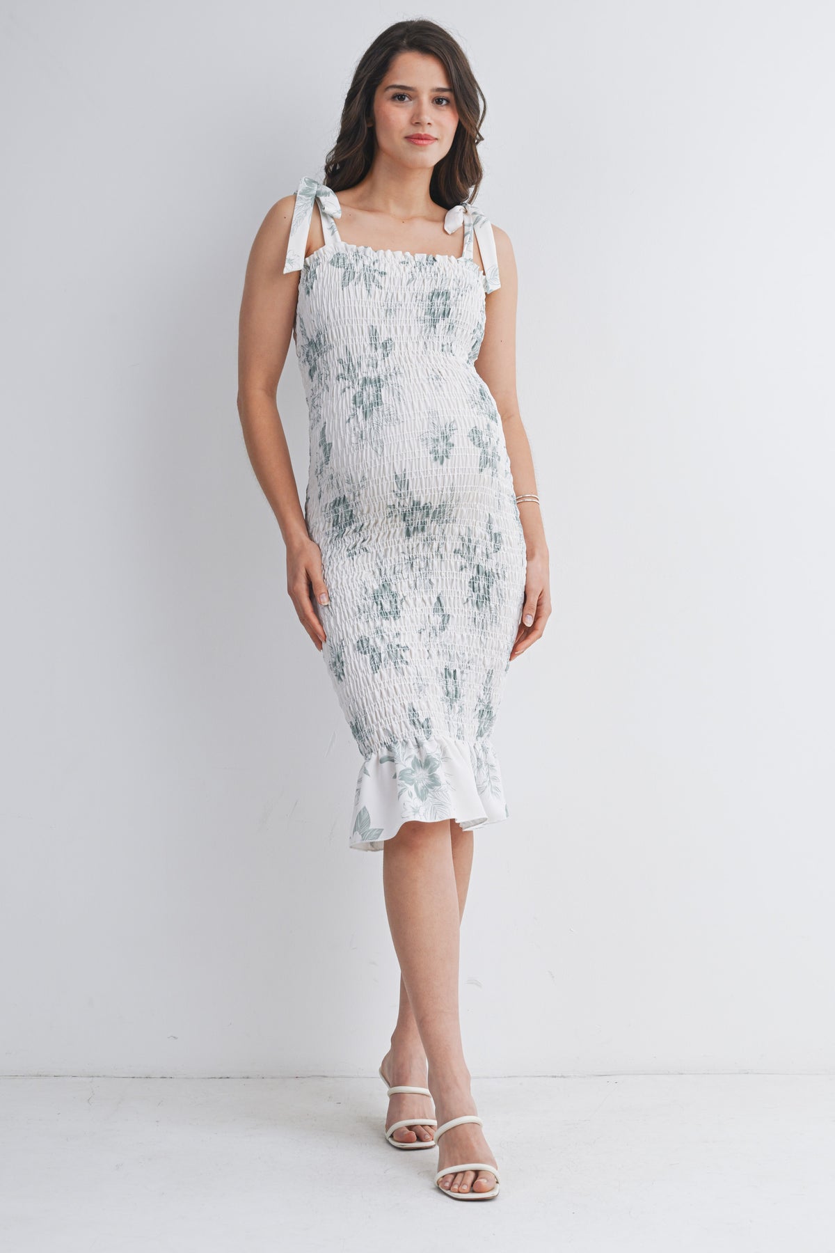 Sage Floral Smocked Maternity Midi Dress with Tie Straps Front View
