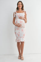 Peach Floral Smocked Maternity Midi Dress with Tie Straps Front View