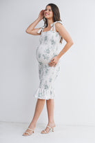 Sage Floral Smocked Maternity Midi Dress with Tie Straps Side View