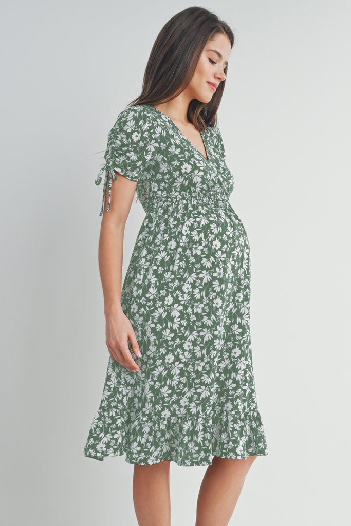 Sage Floral Adjustable Sleeve V-Neck Maternity Dress Side View