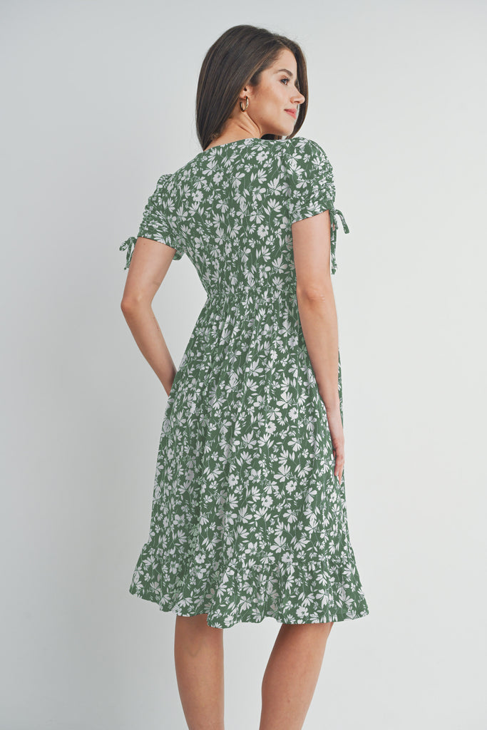 Sage Floral Adjustable Sleeve V-Neck Maternity Dress Back View