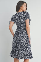 Navy Floral Adjustable Sleeve V-Neck Maternity Dress Back View