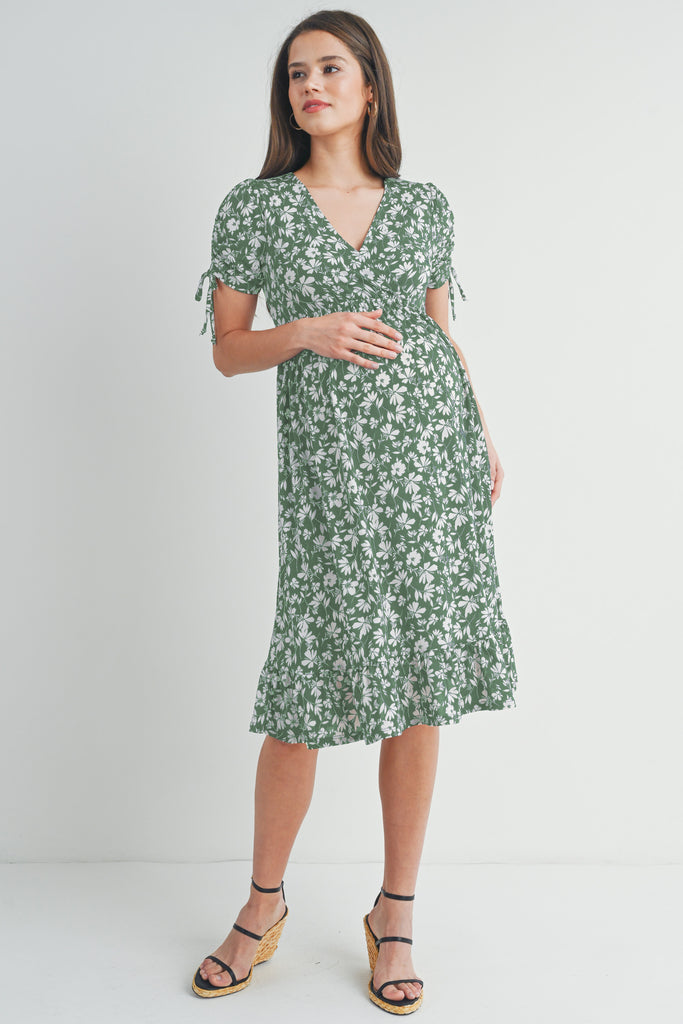 Sage Floral Adjustable Sleeve V-Neck Maternity Dress Full Body