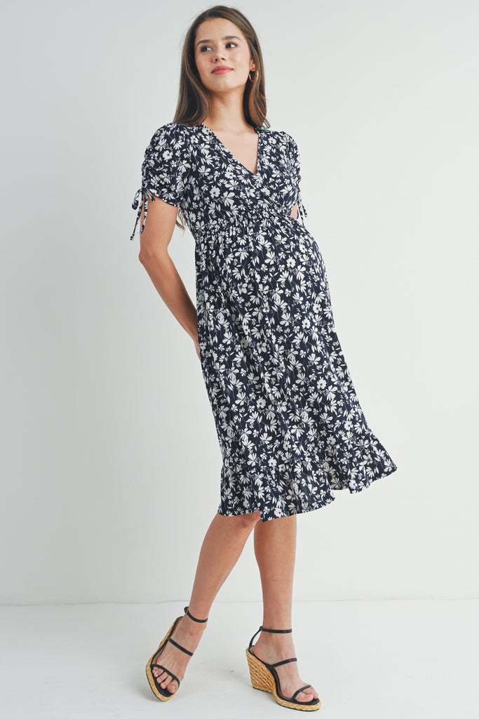 Navy Floral Adjustable Sleeve V-Neck Maternity Dress Full Body