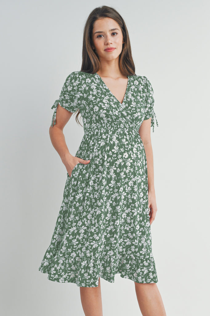 Sage Floral Adjustable Sleeve V-Neck Maternity Dress Front View