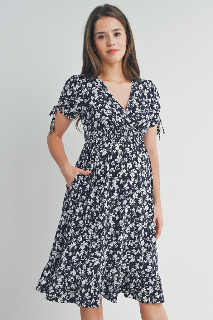 Navy Floral Adjustable Sleeve V-Neck Maternity Dress Front View