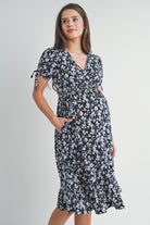 Navy Floral Adjustable Sleeve V-Neck Maternity Dress Side View