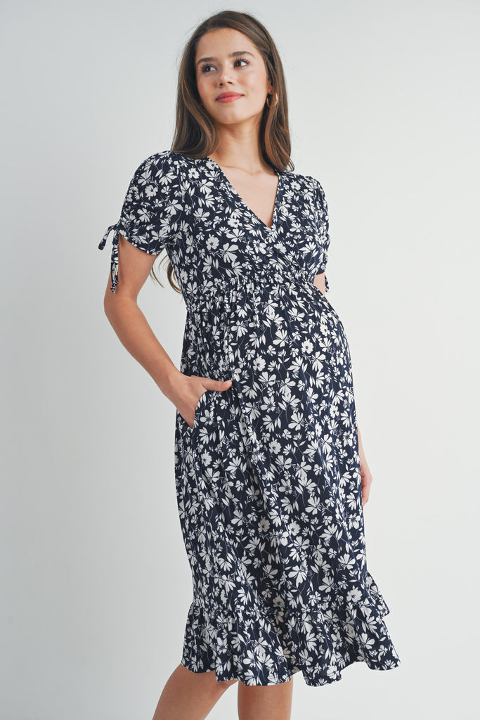 Navy Floral Adjustable Sleeve V-Neck Maternity Dress Side View