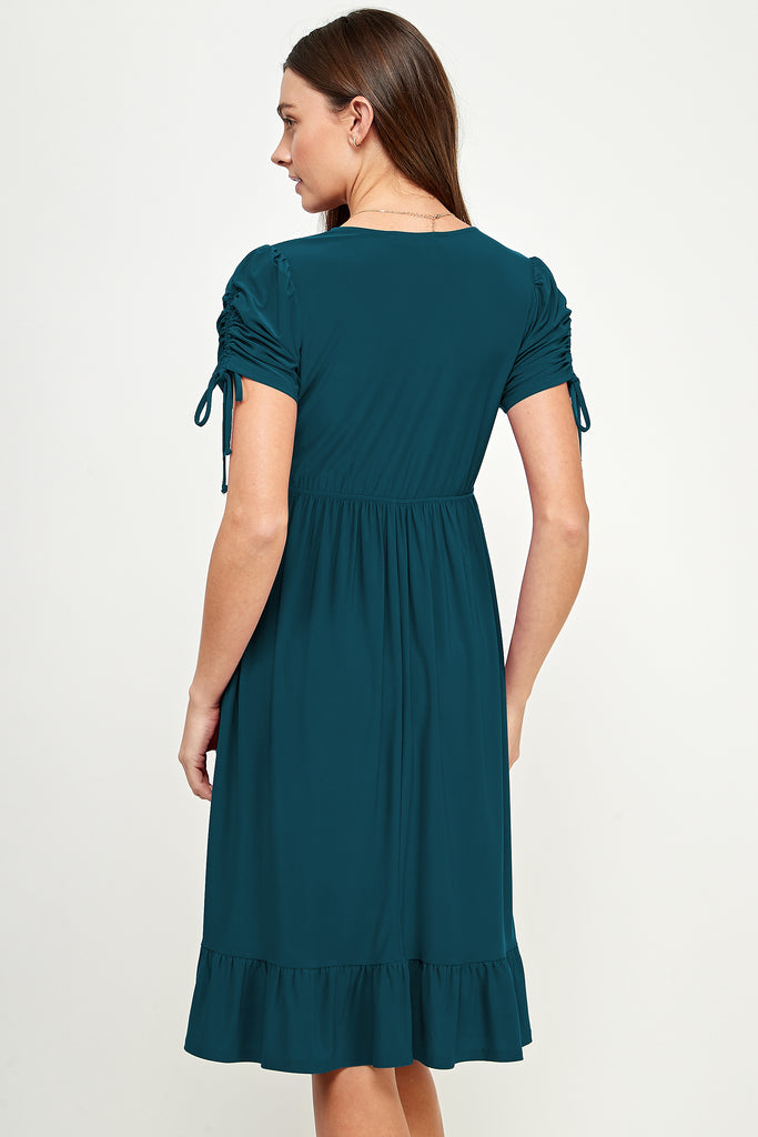 Teal Adjustable Sleeve V-Neck Maternity Dress Back