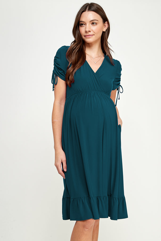 Teal Adjustable Sleeve V-Neck Maternity Dress Front