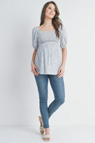 Blue Floral Puff Sleeve Smocked Maternity Top Full Body