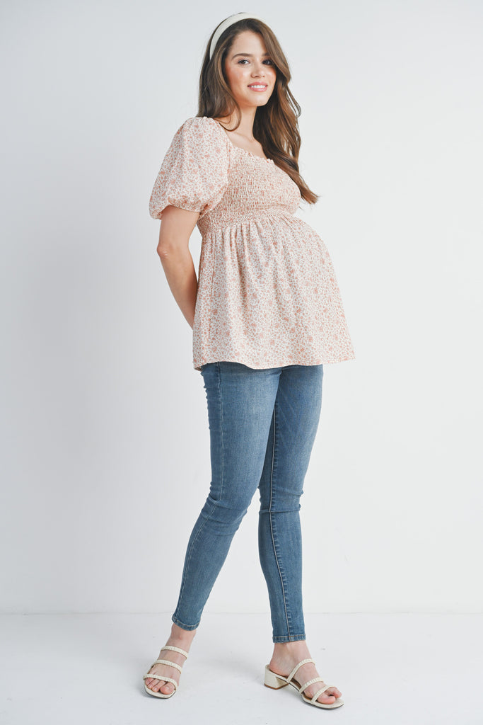Rose Floral Puff Sleeve Smocked Maternity Top Full Body