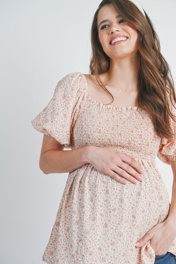 Rose Floral Puff Sleeve Smocked Maternity Top Close Up