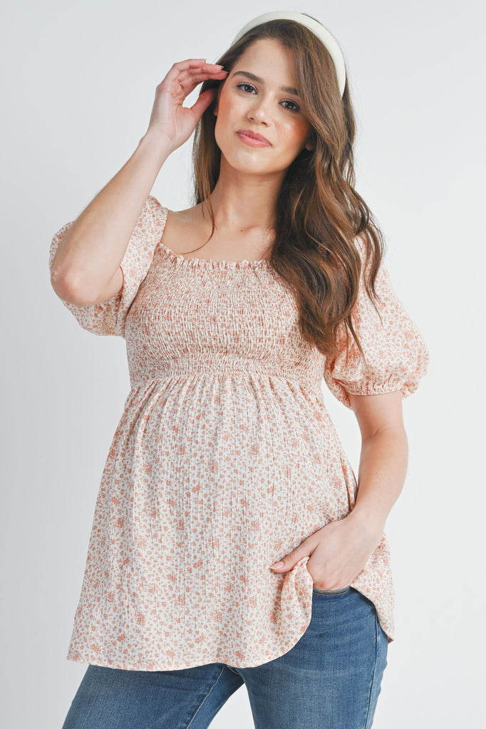 Rose Floral Puff Sleeve Smocked Maternity Top Front View