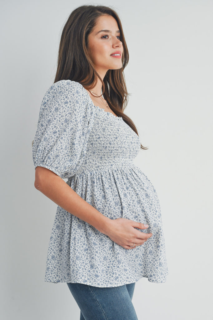 Blue Floral Puff Sleeve Smocked Maternity Top Side View