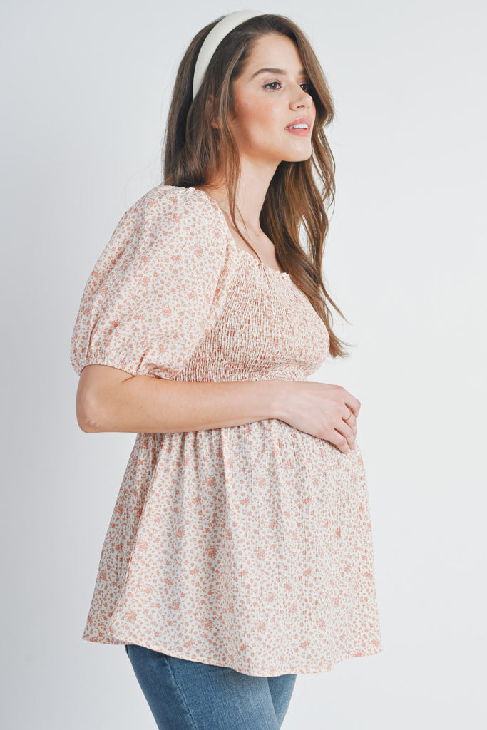 Rose Floral Puff Sleeve Smocked Maternity Top Side View