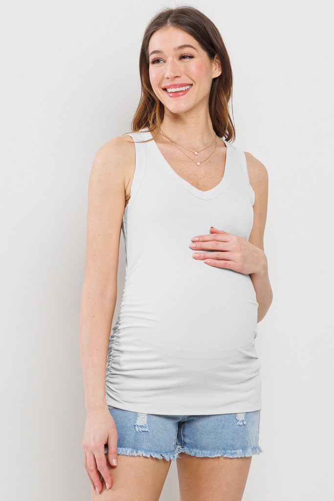 Off White Basic Maternity Tank Top with Side Ruching Front