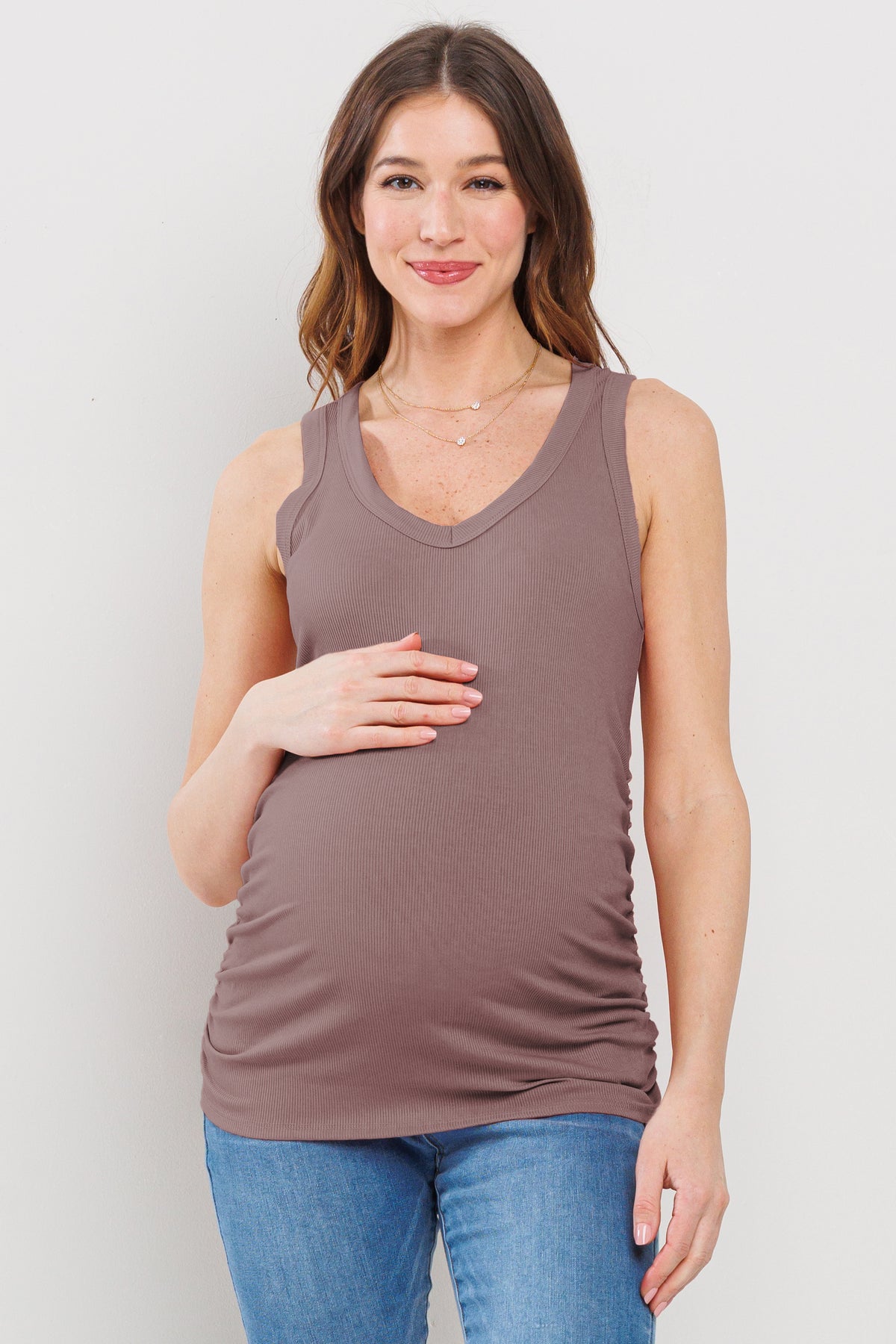 Dark Mauve Basic Maternity Tank Top with Side Ruching Front View