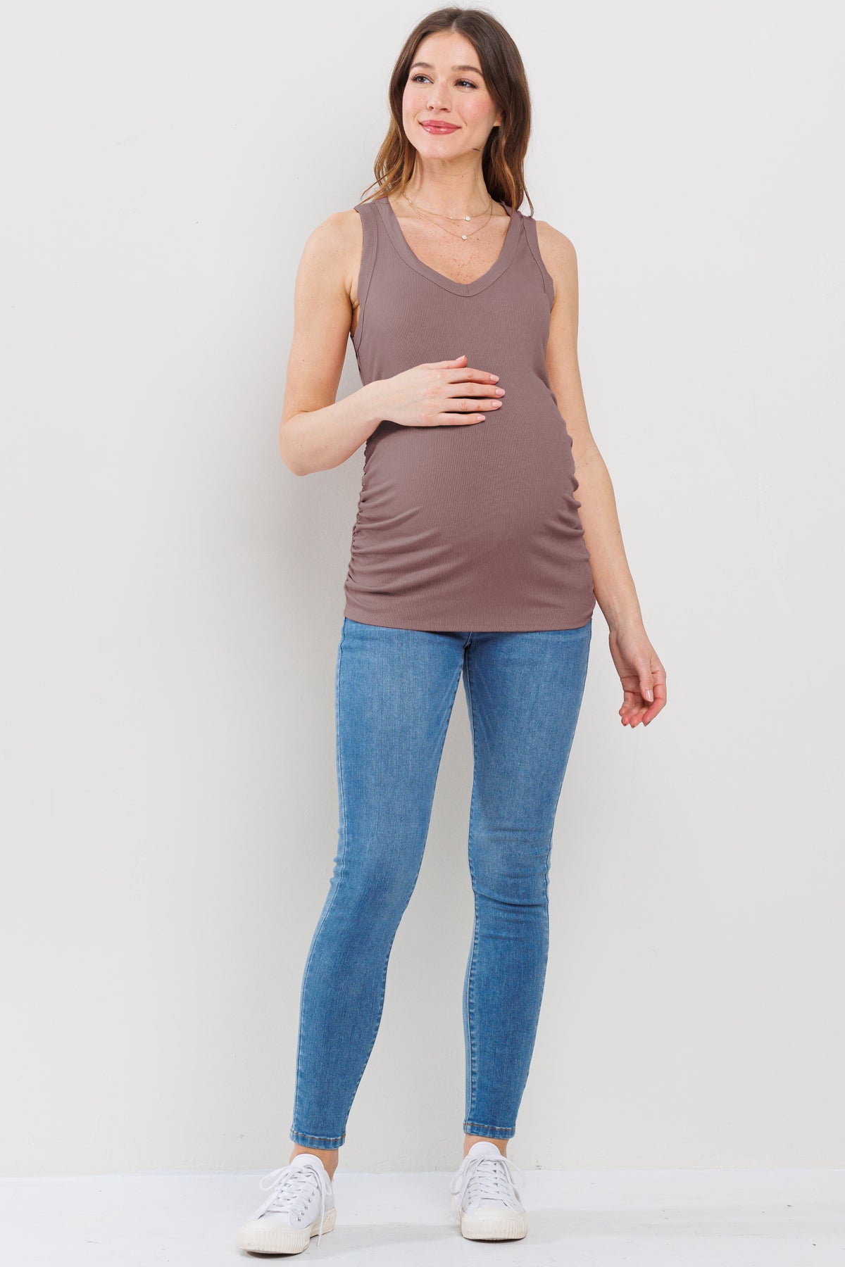 Dark Mauve Basic Maternity Tank Top with Side Ruching Full Body