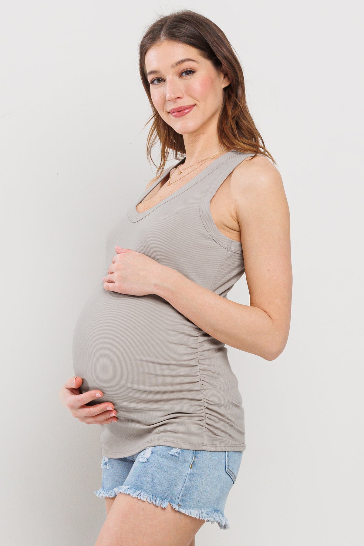 Sand Basic Maternity Tank Top with Side Ruching Side View
