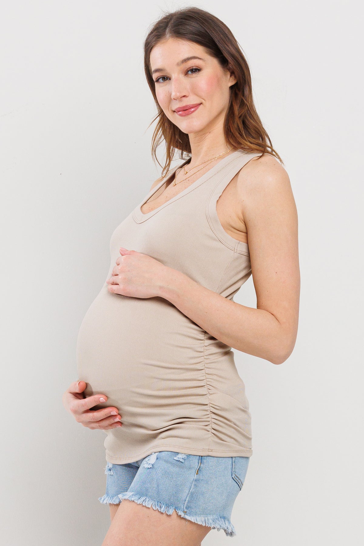 Sand #2 Basic Maternity Tank Top with Side Ruching Side View