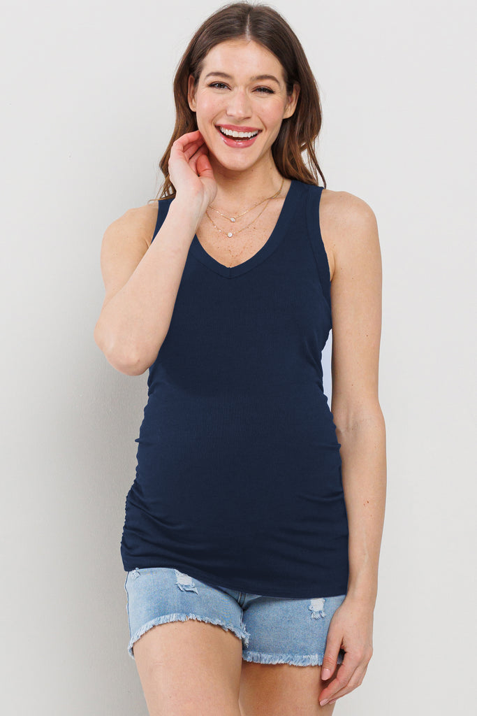 Navy Basic Maternity Tank Top with Side Ruching Front View