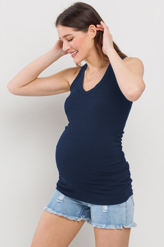 Navy Basic Maternity Tank Top with Side Ruching Side View