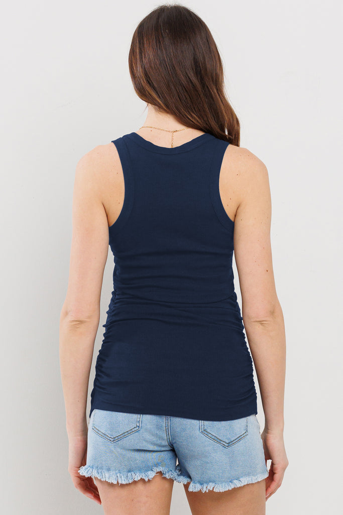 Navy Basic Maternity Tank Top with Side Ruching Back View