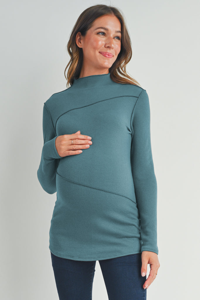 Dusty Green Mock Neck Merrow Edge Detail Maternity Front View