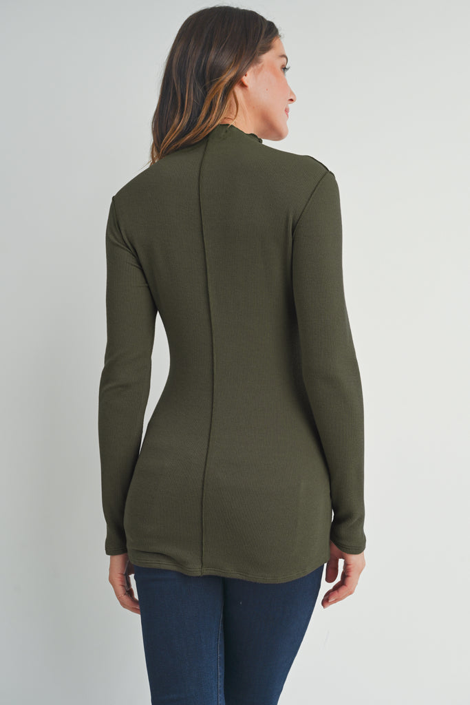 Olive Mock Neck Merrow Edge Detail Maternity Top Back